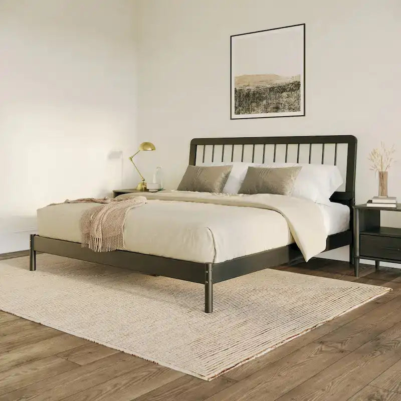 Lit à baldaquin king en pin massif noir / caramel / naturel, convient pour 1 ou 2 personnes