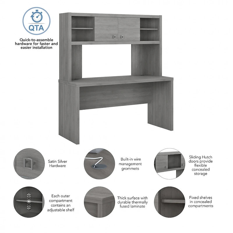 Crédence de bureau 60 W avec étagère – Blanc pur / Sable gris / Érable anthracite / Gris moderne, poste de travail individuel