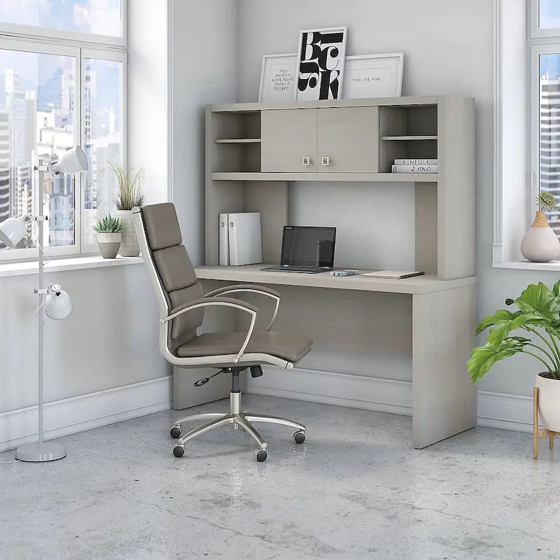 Crédence de bureau 60 W avec étagère – Blanc pur / Sable gris / Érable anthracite / Gris moderne, poste de travail individuel
