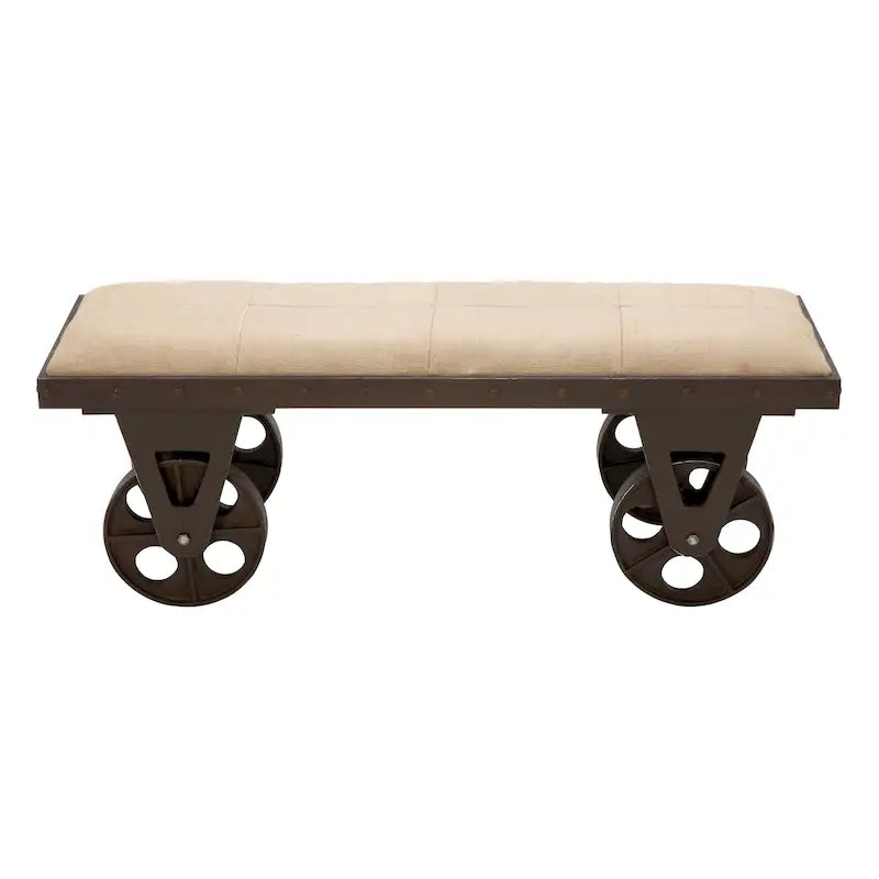 Banc rembourré marron avec roulettes, style industriel, 2 places