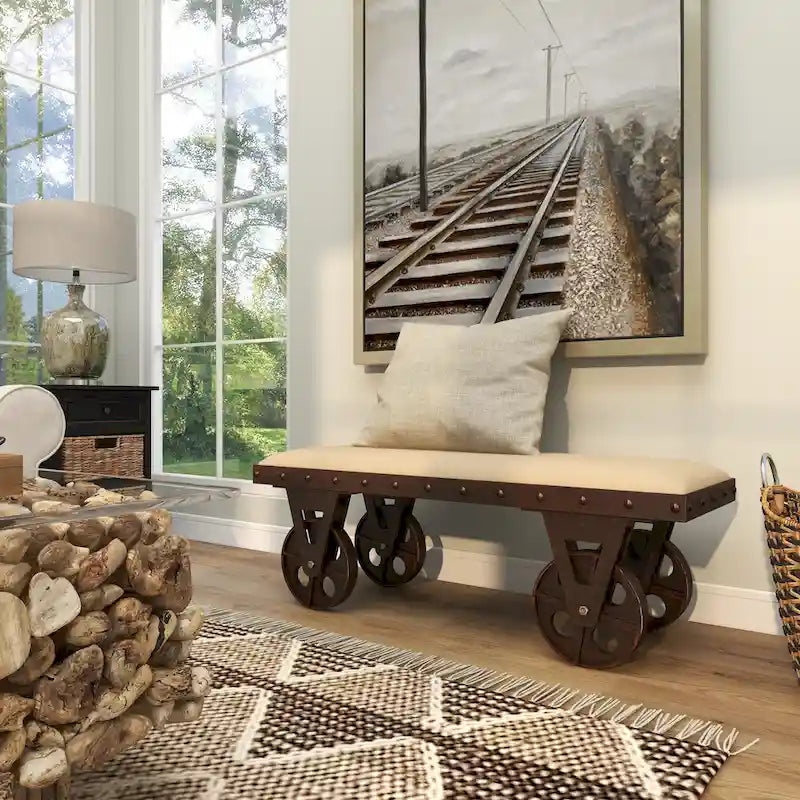 Banc rembourré marron avec roulettes, style industriel, 2 places