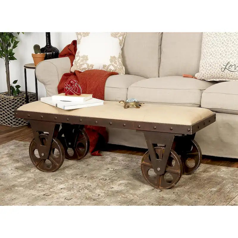 Banc rembourré marron avec roulettes, style industriel, 2 places