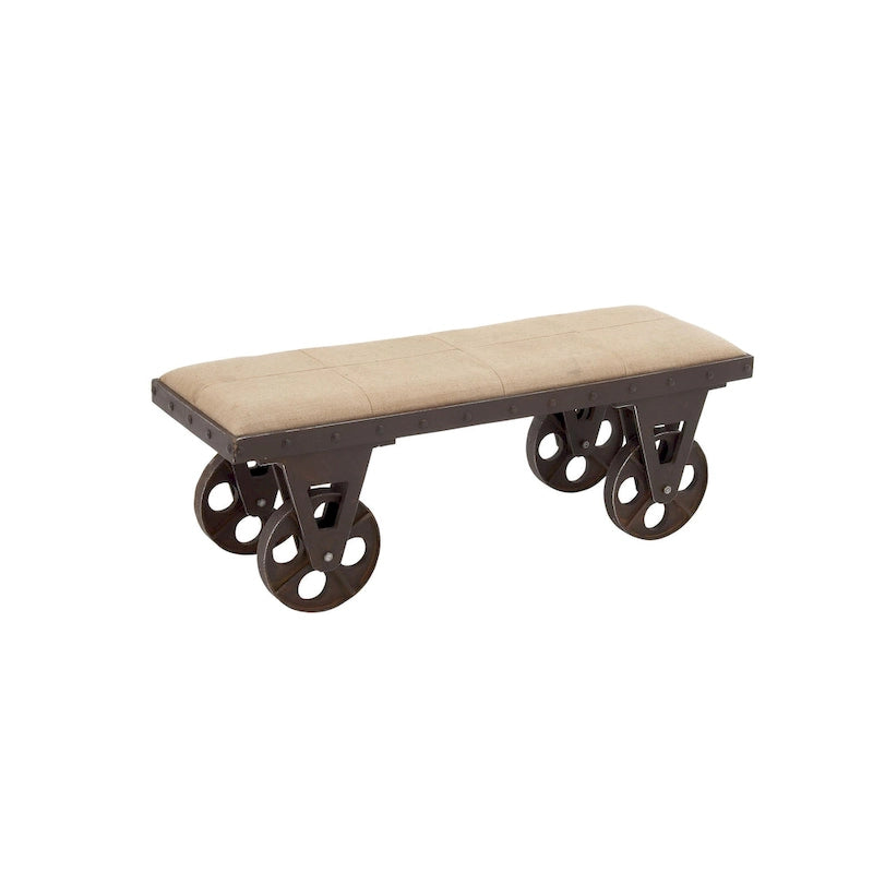 Banc rembourré marron avec roulettes, style industriel, 2 places