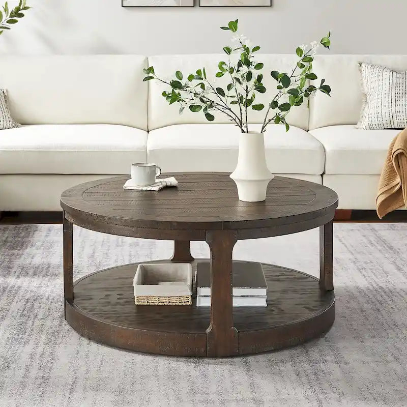 Table basse ronde à 2 niveaux de 40" avec roulettes, brun foncé/chêne antique, assemblage par 1 personne