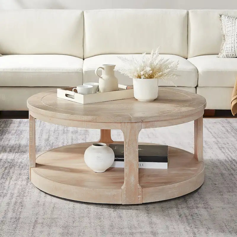 Table basse ronde à 2 niveaux de 40" avec roulettes, brun foncé/chêne antique, assemblage par 1 personne
