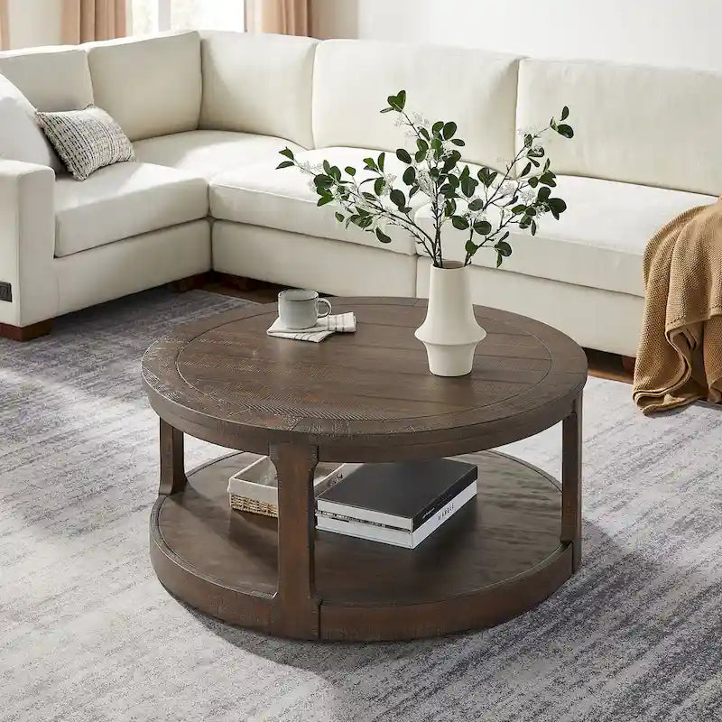 Table basse ronde à 2 niveaux de 40" avec roulettes, brun foncé/chêne antique, assemblage par 1 personne