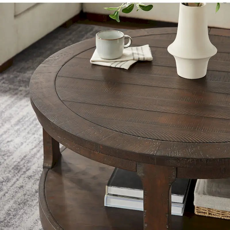 Table basse ronde à 2 niveaux de 40" avec roulettes, brun foncé/chêne antique, assemblage par 1 personne