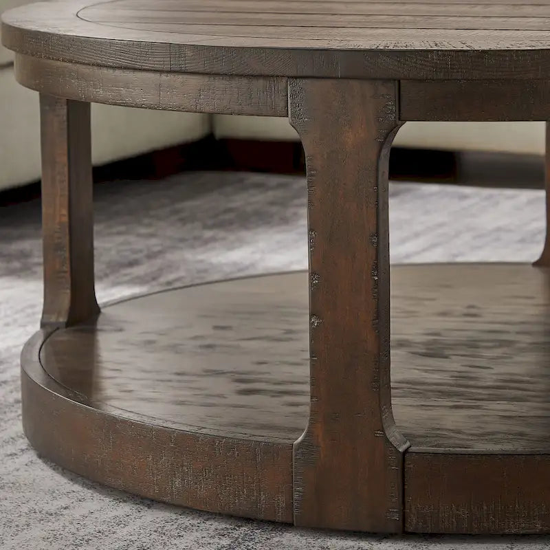 Table basse ronde à 2 niveaux de 40" avec roulettes, brun foncé/chêne antique, assemblage par 1 personne