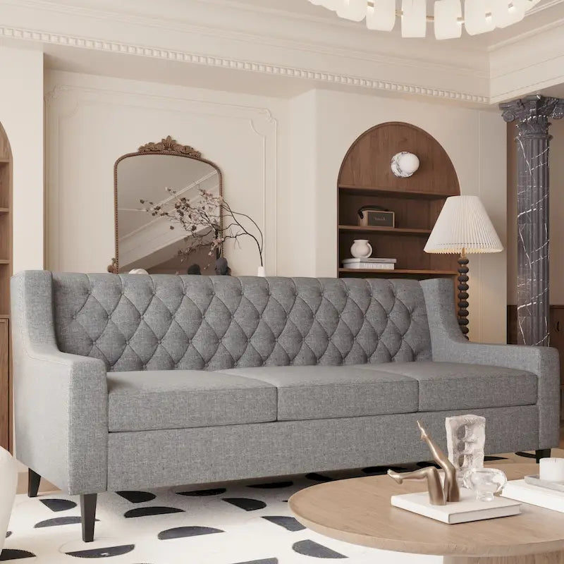 Canapé 3 places capitonné gris/beige de style Mid-Century