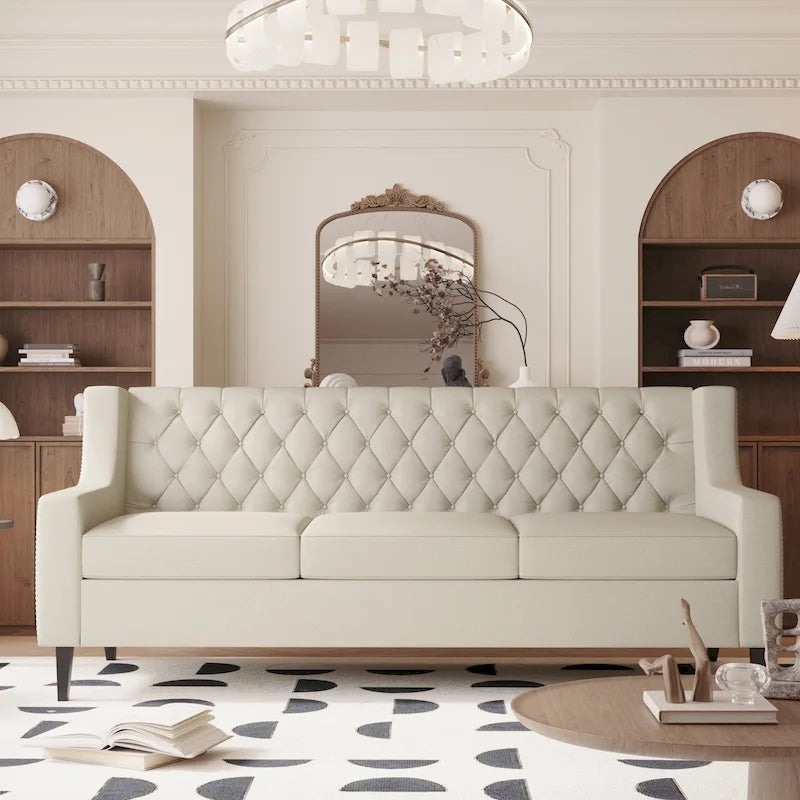 Canapé 3 places capitonné gris/beige de style Mid-Century
