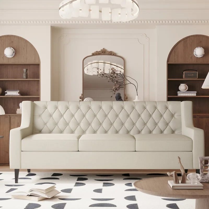 Canapé 3 places capitonné gris/beige de style Mid-Century