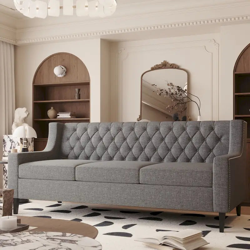 Canapé 3 places capitonné gris/beige de style Mid-Century