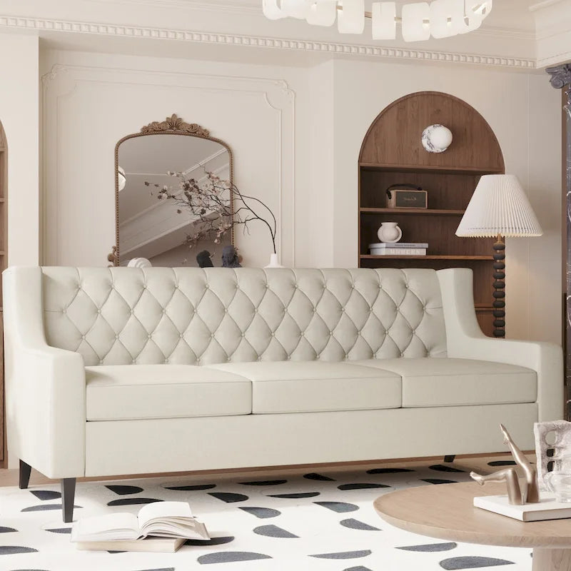 Canapé 3 places capitonné gris/beige de style Mid-Century