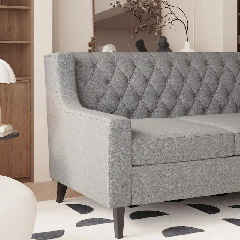 Canapé 3 places capitonné gris/beige de style Mid-Century