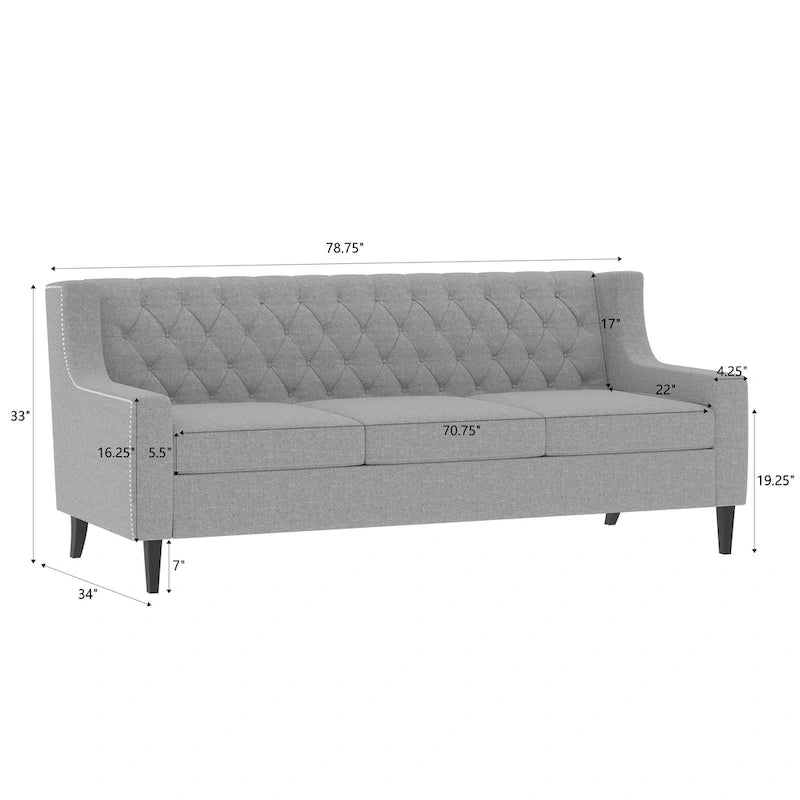Canapé 3 places capitonné gris/beige de style Mid-Century
