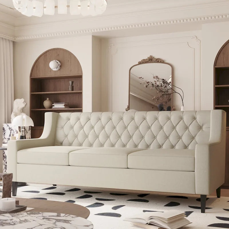 Canapé 3 places capitonné gris/beige de style Mid-Century