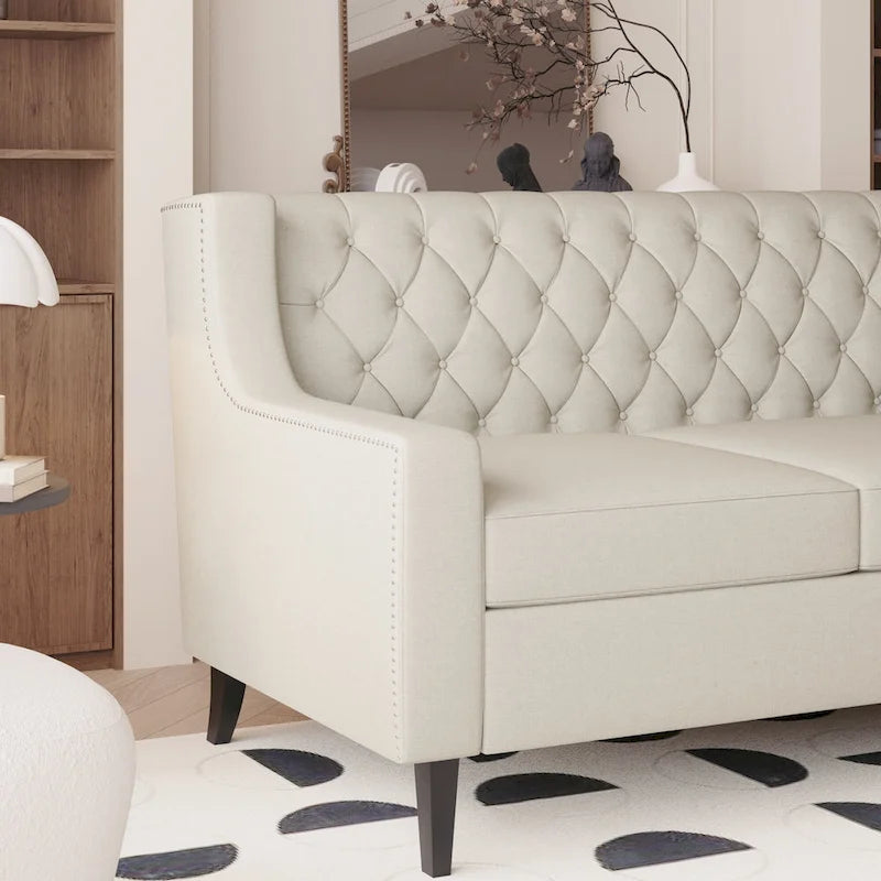 Canapé 3 places capitonné gris/beige de style Mid-Century