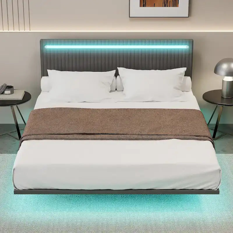 Cadre de lit plateforme flottant en velours gris/beige, tête de lit capitonnée, taille double/grand lit, 1-2 personnes