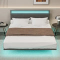 Cadre de lit plateforme flottant en velours gris/beige, tête de lit capitonnée, taille double/grand lit, 1-2 personnes