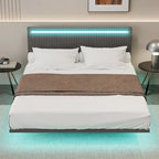 Cadre de lit plateforme flottant en velours gris/beige, tête de lit capitonnée, taille double/grand lit, 1-2 personnes