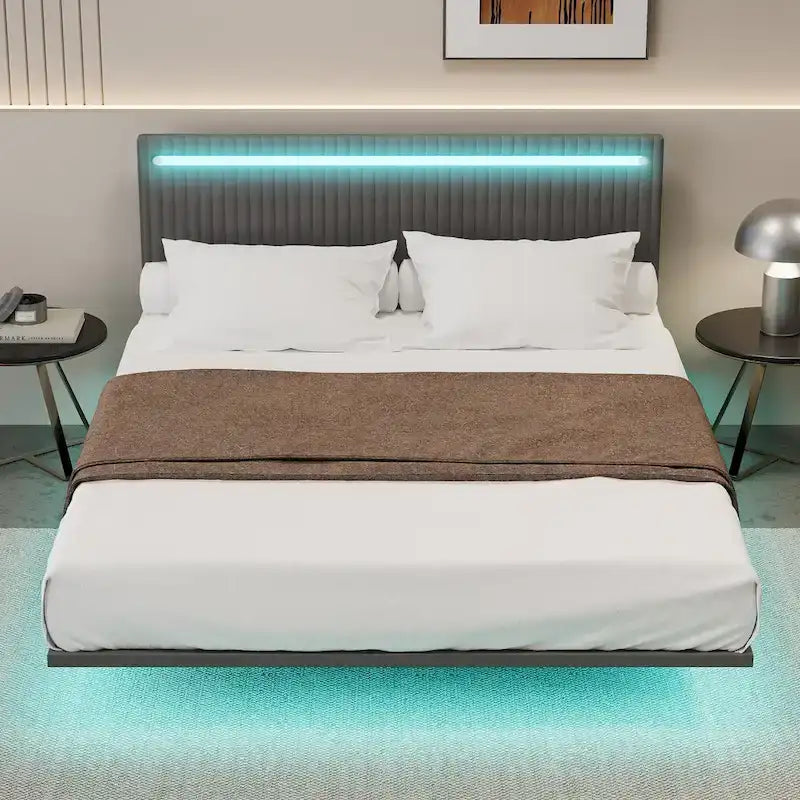 Cadre de lit plateforme flottant en velours gris/beige, tête de lit capitonnée, taille double/grand lit, 1-2 personnes