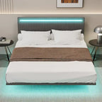 Cadre de lit plateforme flottant en velours gris/beige, tête de lit capitonnée, taille double/grand lit, 1-2 personnes