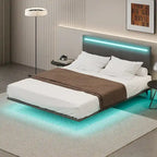 Cadre de lit plateforme flottant en velours gris/beige, tête de lit capitonnée, taille double/grand lit, 1-2 personnes