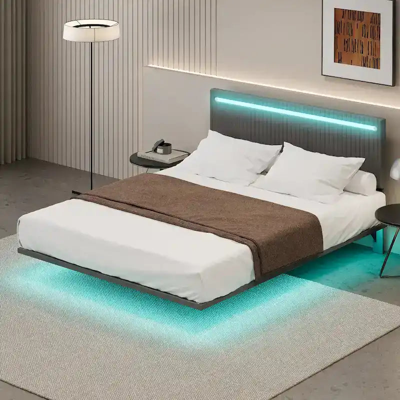 Cadre de lit plateforme flottant en velours gris/beige, tête de lit capitonnée, taille double/grand lit, 1-2 personnes