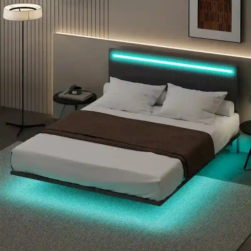 Cadre de lit plateforme flottant en velours gris/beige, tête de lit capitonnée, taille double/grand lit, 1-2 personnes