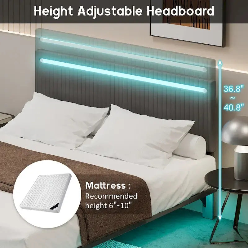 Cadre de lit plateforme flottant en velours gris/beige, tête de lit capitonnée, taille double/grand lit, 1-2 personnes