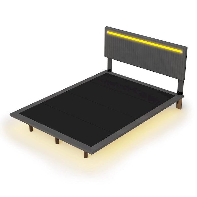 Cadre de lit plateforme flottant en velours gris/beige, tête de lit capitonnée, taille double/grand lit, 1-2 personnes