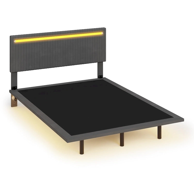 Cadre de lit plateforme flottant en velours gris/beige, tête de lit capitonnée, taille double/grand lit, 1-2 personnes
