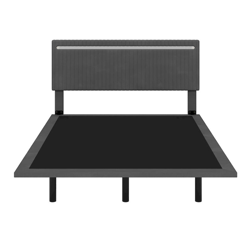 Cadre de lit plateforme flottant en velours gris/beige, tête de lit capitonnée, taille double/grand lit, 1-2 personnes