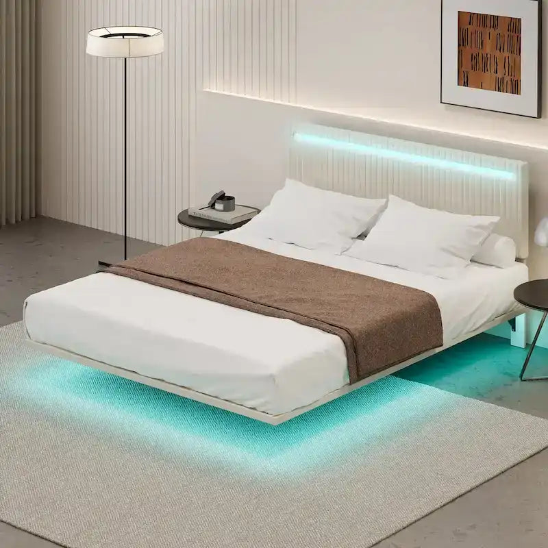 Cadre de lit plateforme flottant en velours gris/beige, tête de lit capitonnée, taille double/grand lit, 1-2 personnes