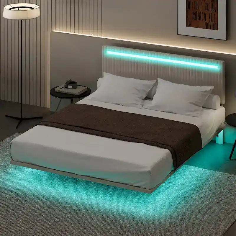Cadre de lit plateforme flottant en velours gris/beige, tête de lit capitonnée, taille double/grand lit, 1-2 personnes
