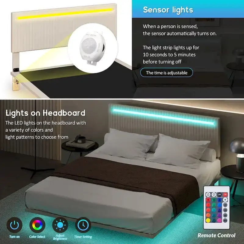 Cadre de lit plateforme flottant en velours gris/beige, tête de lit capitonnée, taille double/grand lit, 1-2 personnes