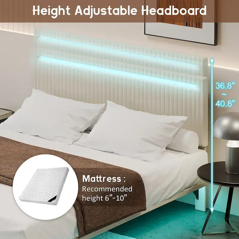 Cadre de lit plateforme flottant en velours gris/beige, tête de lit capitonnée, taille double/grand lit, 1-2 personnes