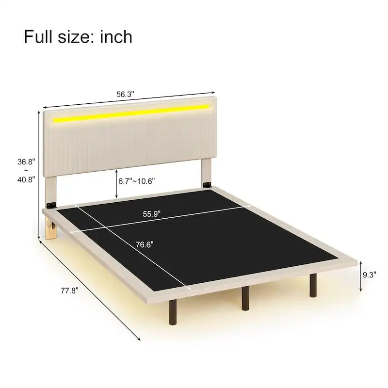 Cadre de lit plateforme flottant en velours gris/beige, tête de lit capitonnée, taille double/grand lit, 1-2 personnes
