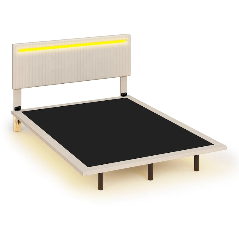 Cadre de lit plateforme flottant en velours gris/beige, tête de lit capitonnée, taille double/grand lit, 1-2 personnes
