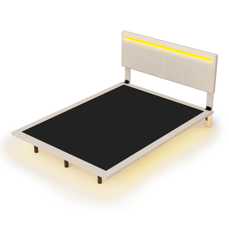 Cadre de lit plateforme flottant en velours gris/beige, tête de lit capitonnée, taille double/grand lit, 1-2 personnes