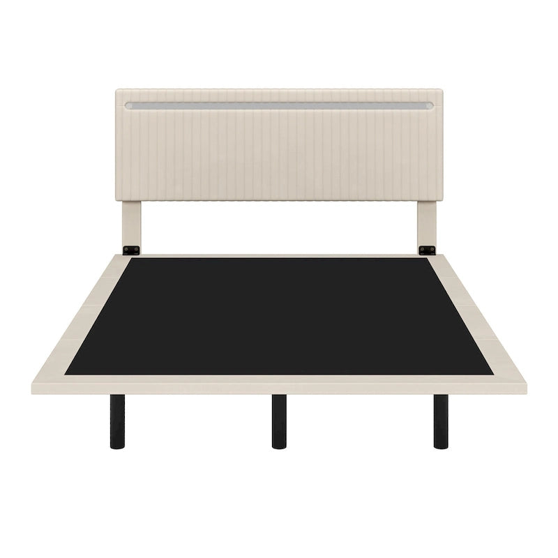Cadre de lit plateforme flottant en velours gris/beige, tête de lit capitonnée, taille double/grand lit, 1-2 personnes