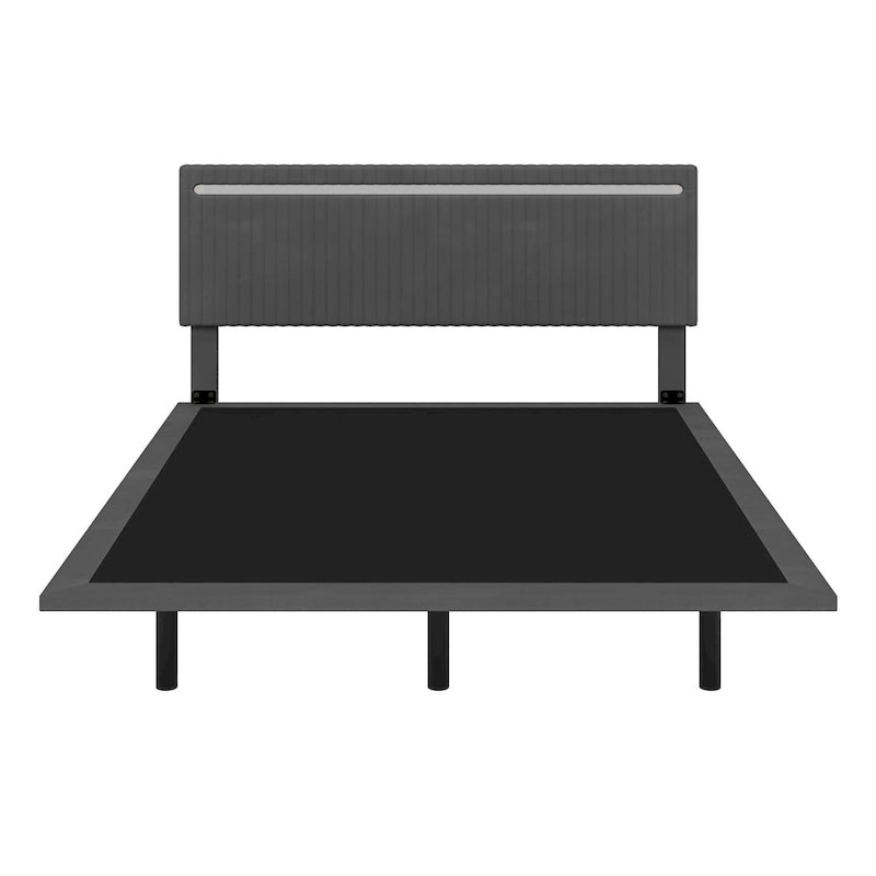 Cadre de lit plateforme flottant en velours gris/beige, tête de lit capitonnée, taille double/grand lit, 1-2 personnes