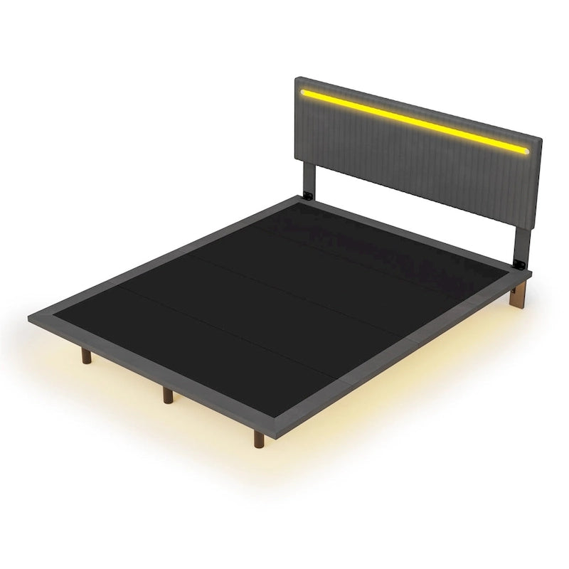 Cadre de lit plateforme flottant en velours gris/beige, tête de lit capitonnée, taille double/grand lit, 1-2 personnes
