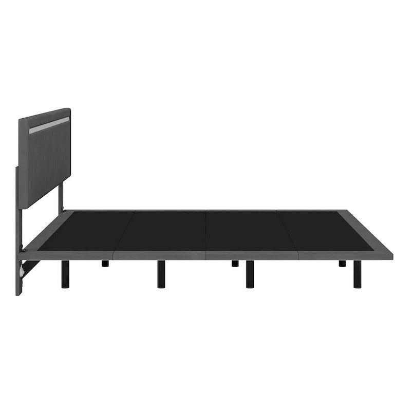 Cadre de lit plateforme flottant en velours gris/beige, tête de lit capitonnée, taille double/grand lit, 1-2 personnes