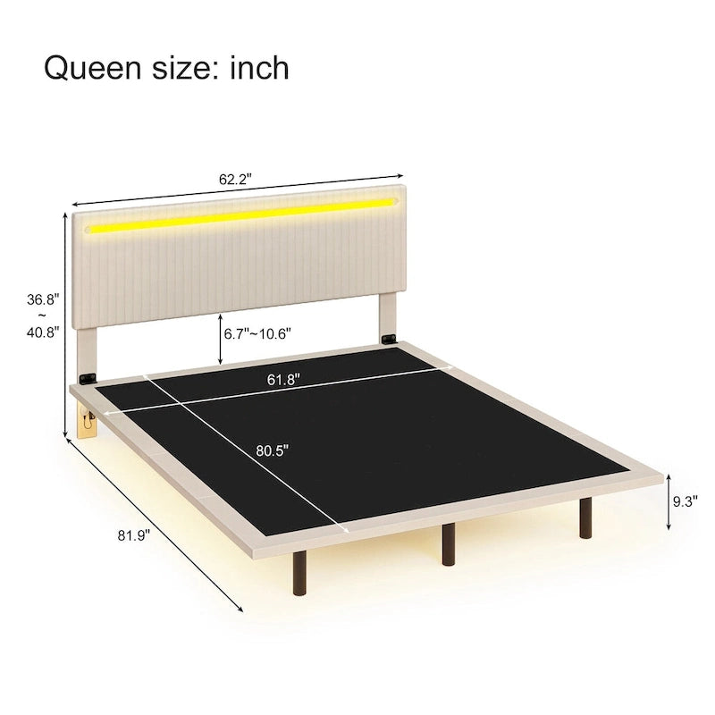 Cadre de lit plateforme flottant en velours gris/beige, tête de lit capitonnée, taille double/grand lit, 1-2 personnes