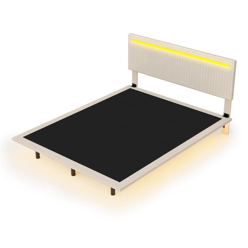 Cadre de lit plateforme flottant en velours gris/beige, tête de lit capitonnée, taille double/grand lit, 1-2 personnes