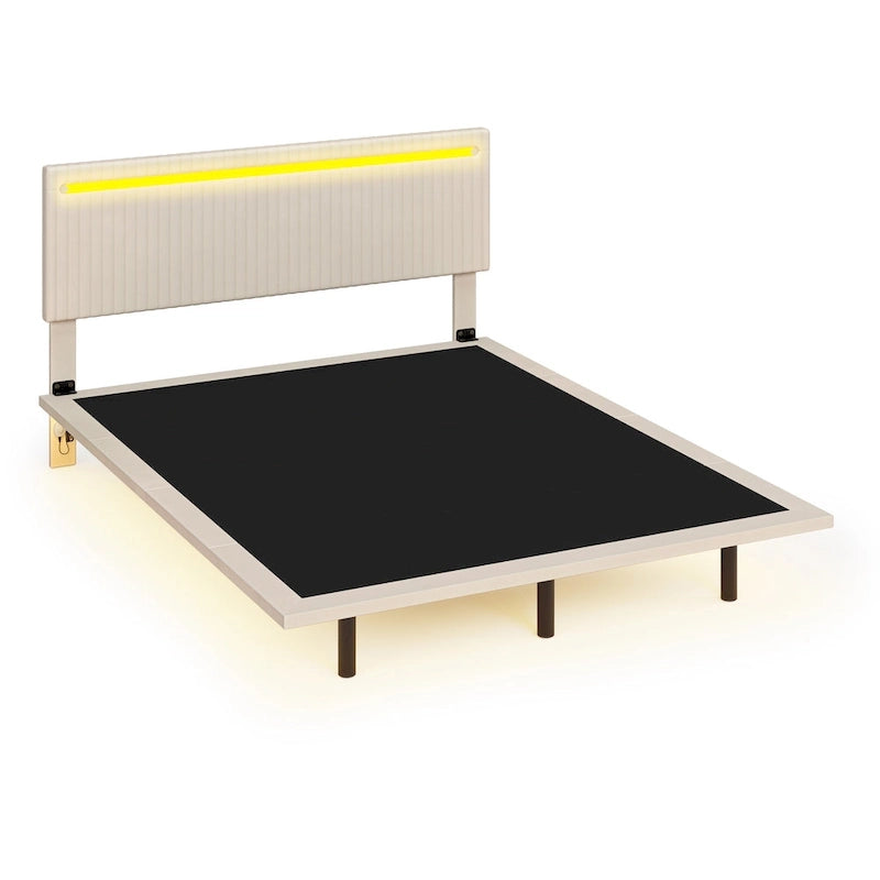 Cadre de lit plateforme flottant en velours gris/beige, tête de lit capitonnée, taille double/grand lit, 1-2 personnes