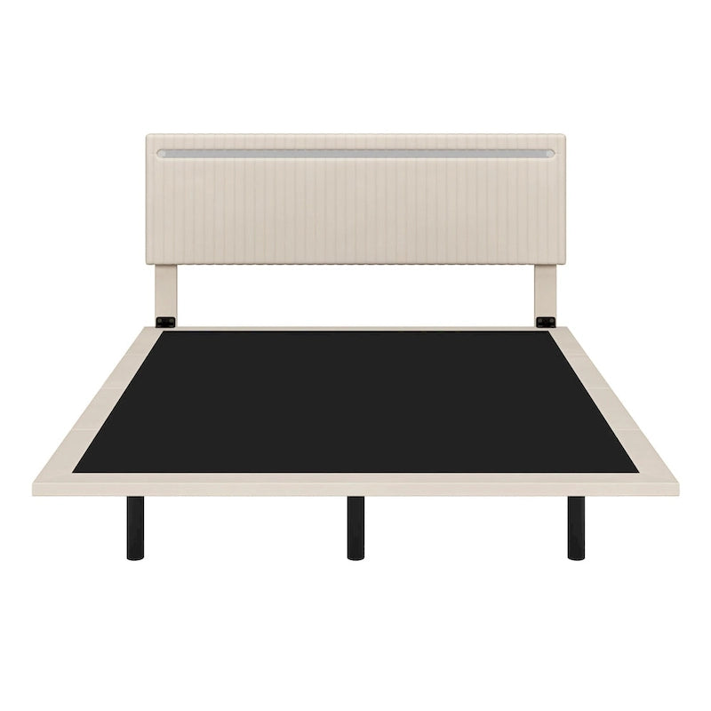 Cadre de lit plateforme flottant en velours gris/beige, tête de lit capitonnée, taille double/grand lit, 1-2 personnes