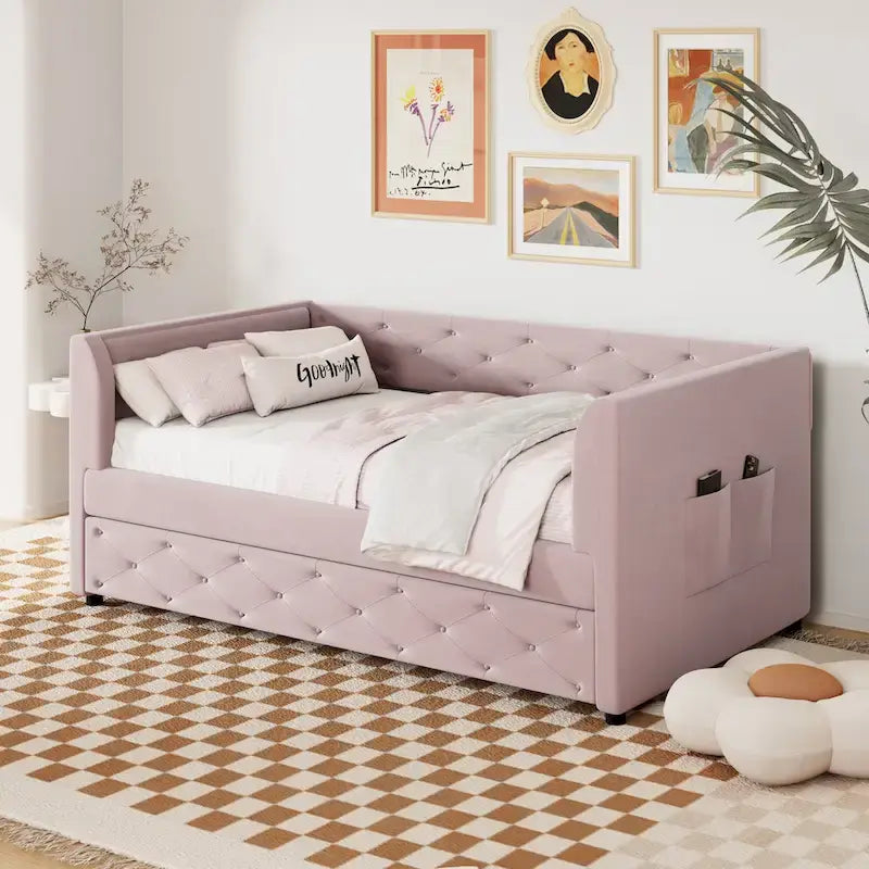 Lit de repos capitonné en velours rose/vert avec lit gigogne, deux places, pour 2 personnes