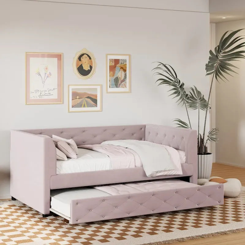 Lit de repos capitonné en velours rose/vert avec lit gigogne, deux places, pour 2 personnes